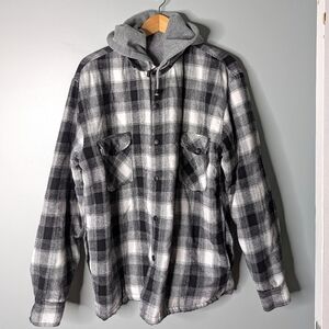 Canyon Creek Black White Plaid Flannel Snap Up Hooded Fleece Jacket Shacket M